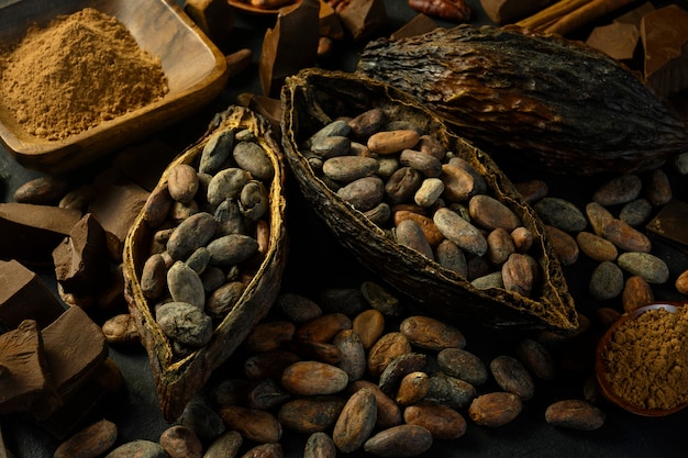 O fruto do cacau repousa sobre uma mesa de madeira