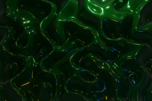 O fundo abstrato do espaço 3D da onda líquida do metal e a cor brilhante iluminam-se. Caos derretido.