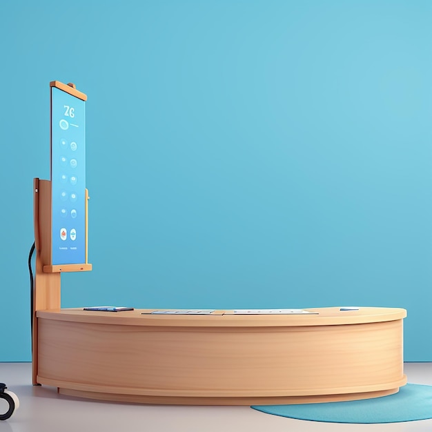 O fundo azul claro brilhante com um pódio de madeira No topo do pódio de árvore há dois pequenos pódios que adicionam um toque mínimo à exibição do produto
