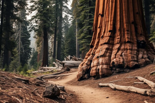Foto o fundo da floresta de sequóias com troncos gigantes