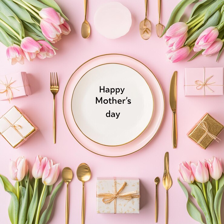 Foto o fundo da mesa do dia das mães é rosa, a borda é plana para o brunch, o almoço, o jantar, o menu, o convite é bonito, a mesa é decorada com pratos de talheres dourados, tulipas e caixas de presentes.