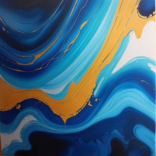 O fundo da pintura abstrata é criado com uma pintura de tinta de mármore azul e mármore dourado com cores intensas