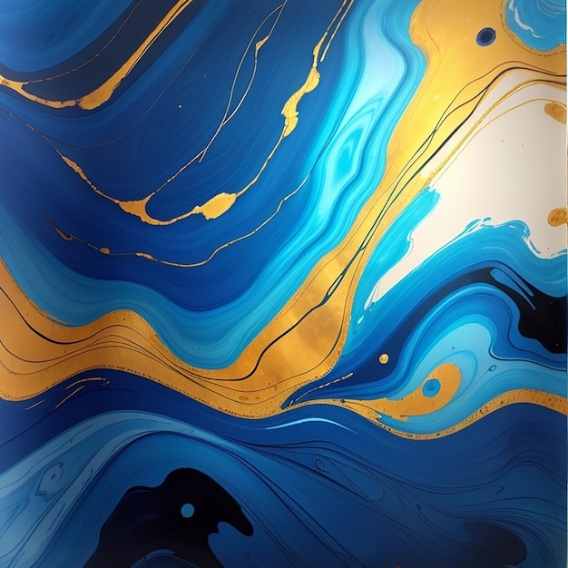 O fundo da pintura abstrata é criado com uma pintura de tinta de mármore azul e mármore dourado com cores intensas