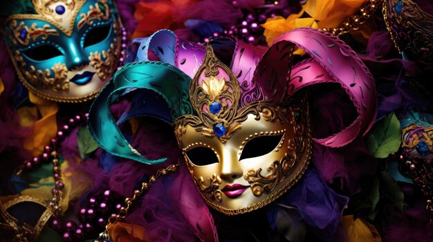 Foto o fundo de contas e máscaras do mardi gras roxo e verde