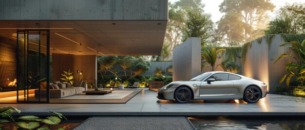 O fundo de uma apresentação de carros é uma renderização 3D de arquitetura moderna com paredes e pisos brancos