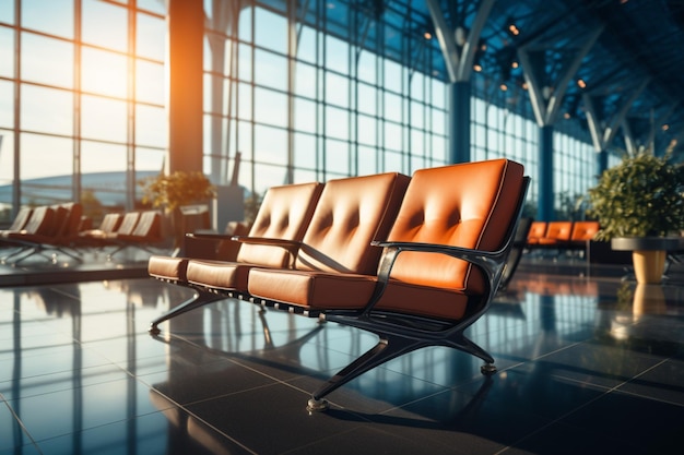 O fundo desfocado do avião melhora o ambiente tranquilo da sala de espera do aeroporto