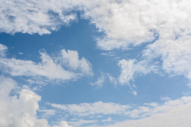 O fundo do céu azul adornado com nuvens brancas fofinhas configura uma tela serena e aberta. A dança suave das nuvens complementa o fundo azul vívido, pacífico e harmonioso celestial.