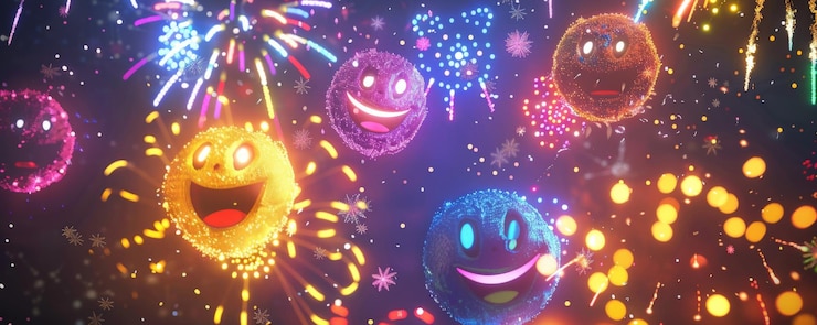 Foto o fundo do dia mundial do emoji com uma exibição de fogos de artifício com emojis como fogos de artificio