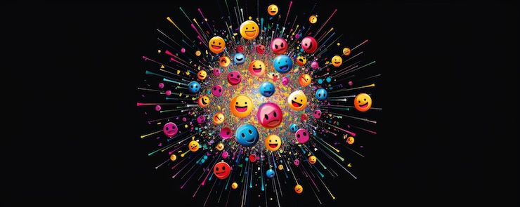 Foto o fundo do dia mundial do emoji com uma explosão colorida de emojis explodindo do centro em um