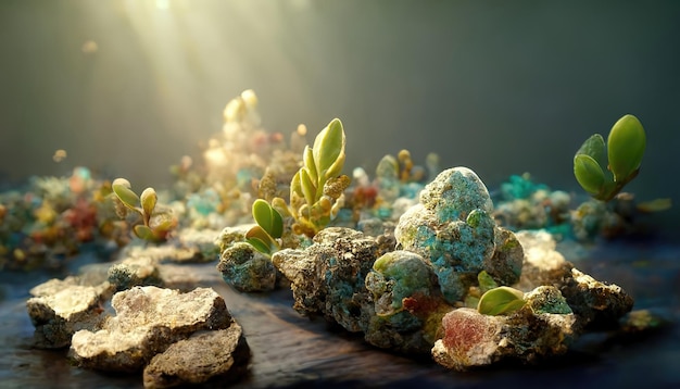 O fundo do mar com pedras e algas cresce sob os raios do sol caindo de cima