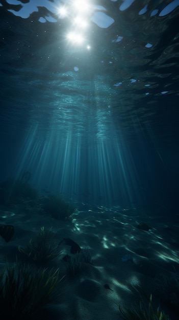 O fundo do oceano é azul escuro e a luz brilha através da água.