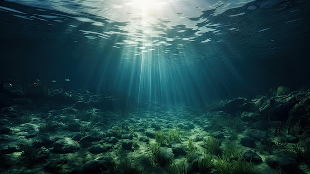 O fundo do oceano é um mar profundo com água azul e o sol brilha através da água.