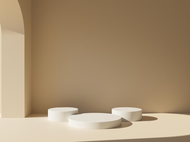O fundo do palco do pódio é um cilindro geométrico mínimo, a plataforma do produto é uma exibição de pedestal com fundo pastel.