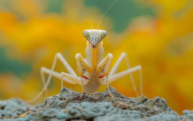 Foto o fundo dourado prepara o cenário para a mântida de oração em posição defensiva