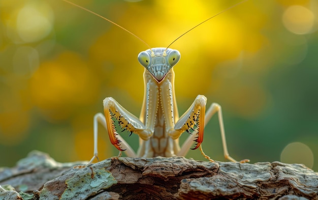 Foto o fundo dourado prepara o cenário para a mântida de oração em posição defensiva