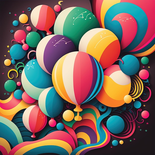 O fundo é um grupo de balões multicoloridos. ilustração digital
