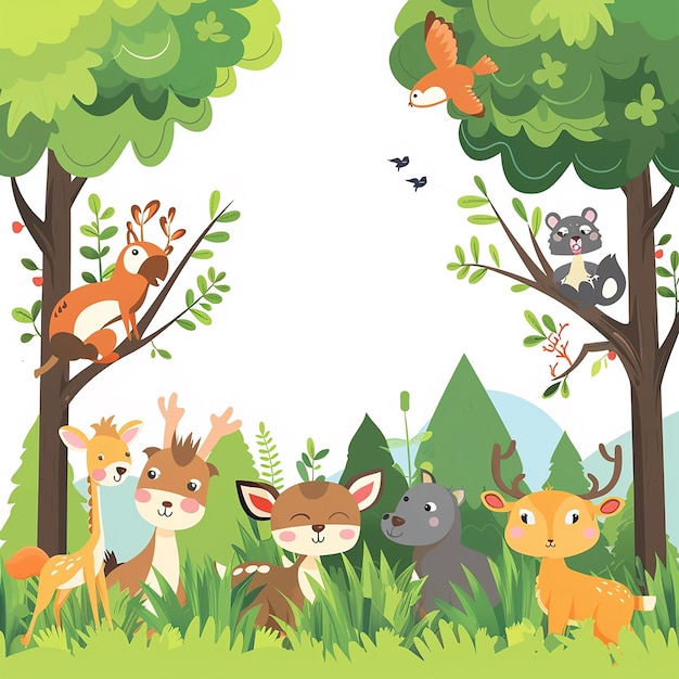 Foto o fundo é uma ilustração vetorial plana de todos os animais da floresta em grama verde e árvores com um