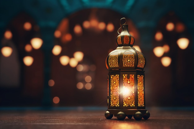 O fundo liso da lanterna acende com a palavra Eid Mubarak Detalhe lente macro de precisão