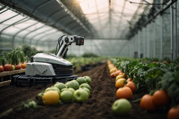 O futuro braço robótico agrícola colhe vegetais em um arco de estufa tecnologicamente avançado