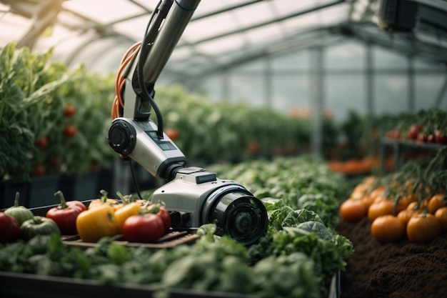 O futuro braço robótico agrícola colhe vegetais em um arco de estufa tecnologicamente avançado