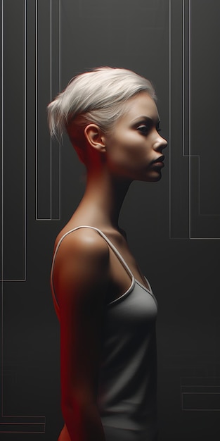 O futuro da moda Mulher de cabelos brancos com top cinzento
