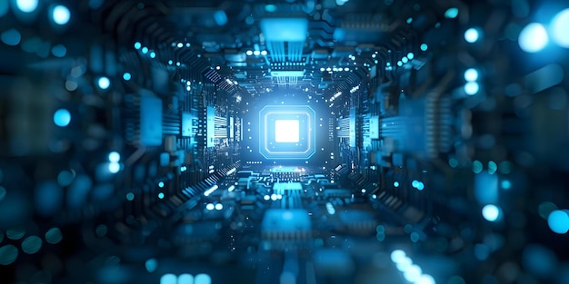 O futuro é agora uma exibição surreal de tecnologia avançada de chip de energia azul conceito ficção científica tecnologia futurística chip de energia azuis eletrônica avançada arte surreal