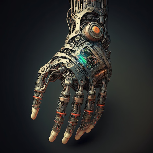 O futuro está aqui Mão do robô em um fundo escuro Generative AI
