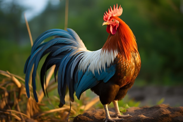 O galo Bantam do início do dia dá as boas-vindas ao sol