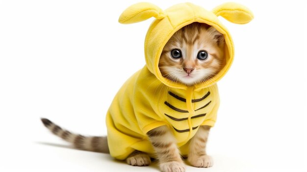 O gatinho de capuz amarelo com trajes à moda