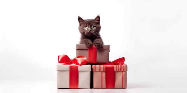 O gatinho marrom senta-se sobre um fundo branco com uma caixa de presente vermelha com uma surpresa de laço vermelho gerada por IA