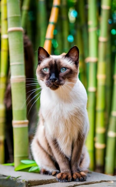Foto o gato amarelo está sentado debaixo das árvores de bambu.
