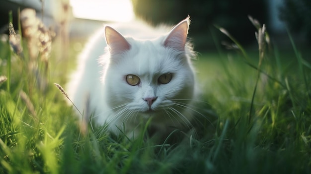 O gato angorá turco branco escondido silenciosamente em seu apoio para os pés e pronto para pular e brincar no meio da grama verde