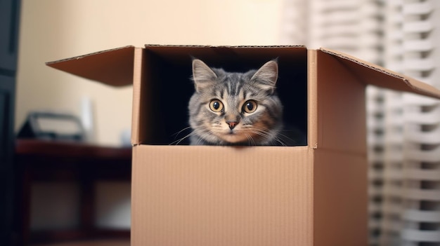 O gato cinza está escondido em uma caixa no apartamento jogando IA gerada