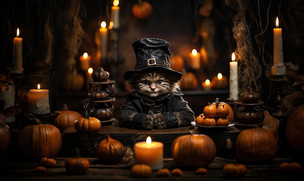 O gato de Halloween com o chapéu está sentado na mesa.