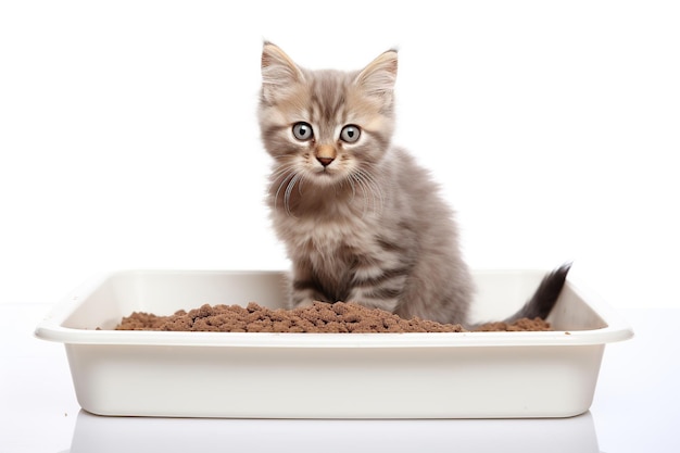 O gato defeca numa caixa de plástico.