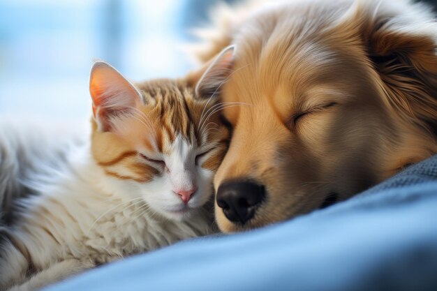 O gato e o cão estão a dormir juntos na cama.