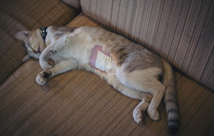 Foto o gato está a dormir a recuperar da cirurgia de esterilização.
