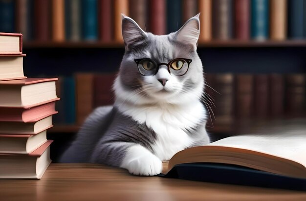 O gato está na biblioteca, sentado em frente a livros. Um gato erudito lê livros.