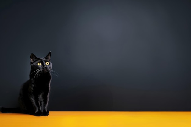 O gato está sentado e olhando para um chão laranja com fundo escuro e espaço para texto