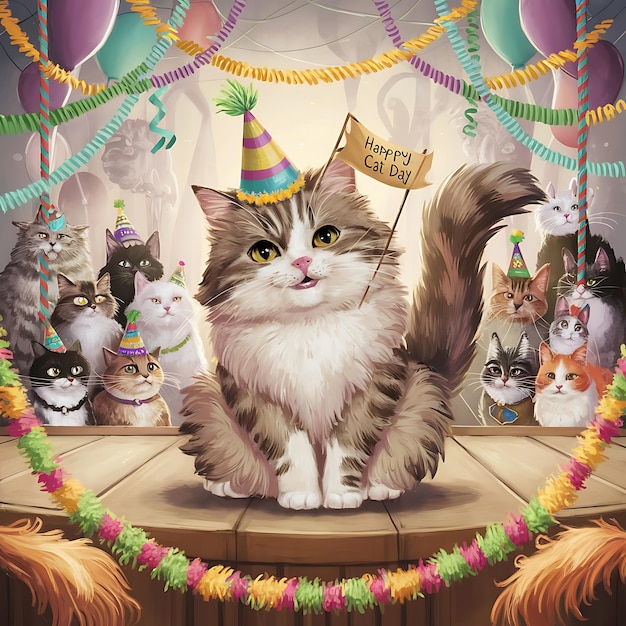 O gato está vestindo um chapéu de festa com uma pequena bandeira que diz