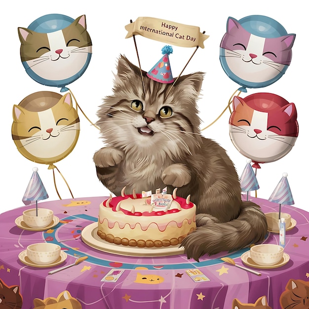 O gato está vestindo um chapéu de festa com uma pequena bandeira que diz