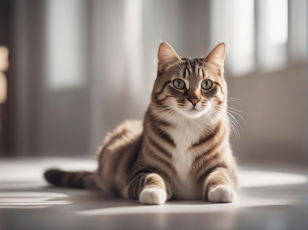 O gato olha para o lado e senta-se no chão de azulejos Retrato de um gatinho engraçado de perto