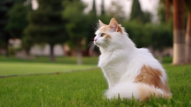 O gato olha para o lado e senta-se num gramado verde