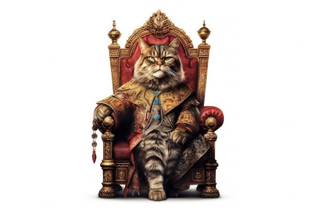 O gato real com fantasia de vestido de luxo Fechar o retrato Gato rei sobre fundo branco IA generativa
