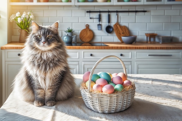 Foto o gato senta-se ao lado de uma cesta de ovos de páscoa