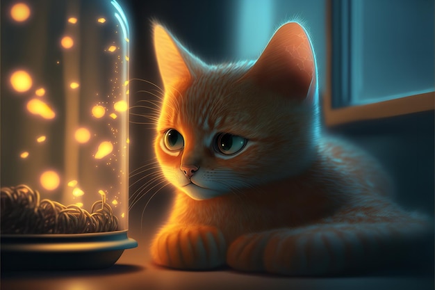 O gato usando iluminação festiva Lindo gato ruivo experimentando a luz do lado de fora da janela Generative Ai