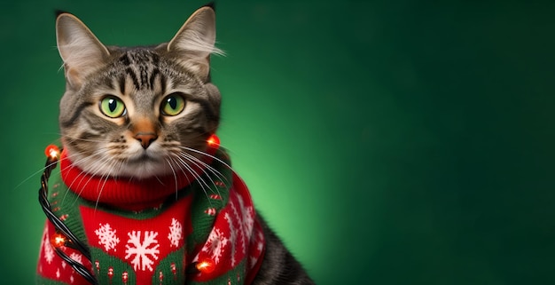 O gato veste uma roupa festiva para o banner do Dia da Camisola Feia.