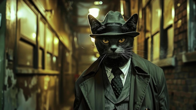 O gato vestido de humano trabalha como detective.