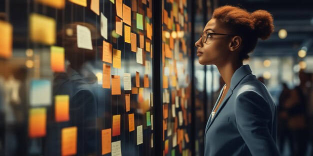 Foto o gerente-chefe lidera o brainstorming, partilha de pensamentos, concentração em pé, generativo ai.