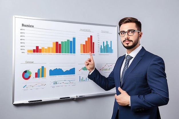 Foto o gerente com óculos mostra seu plano de negócios há um infográfico no quadro branco com diminuição